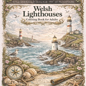 Welsh lighthouses coloring book cover featuring illustrated coastal lighthouses of Wales in a detailed vintage style for adult coloring