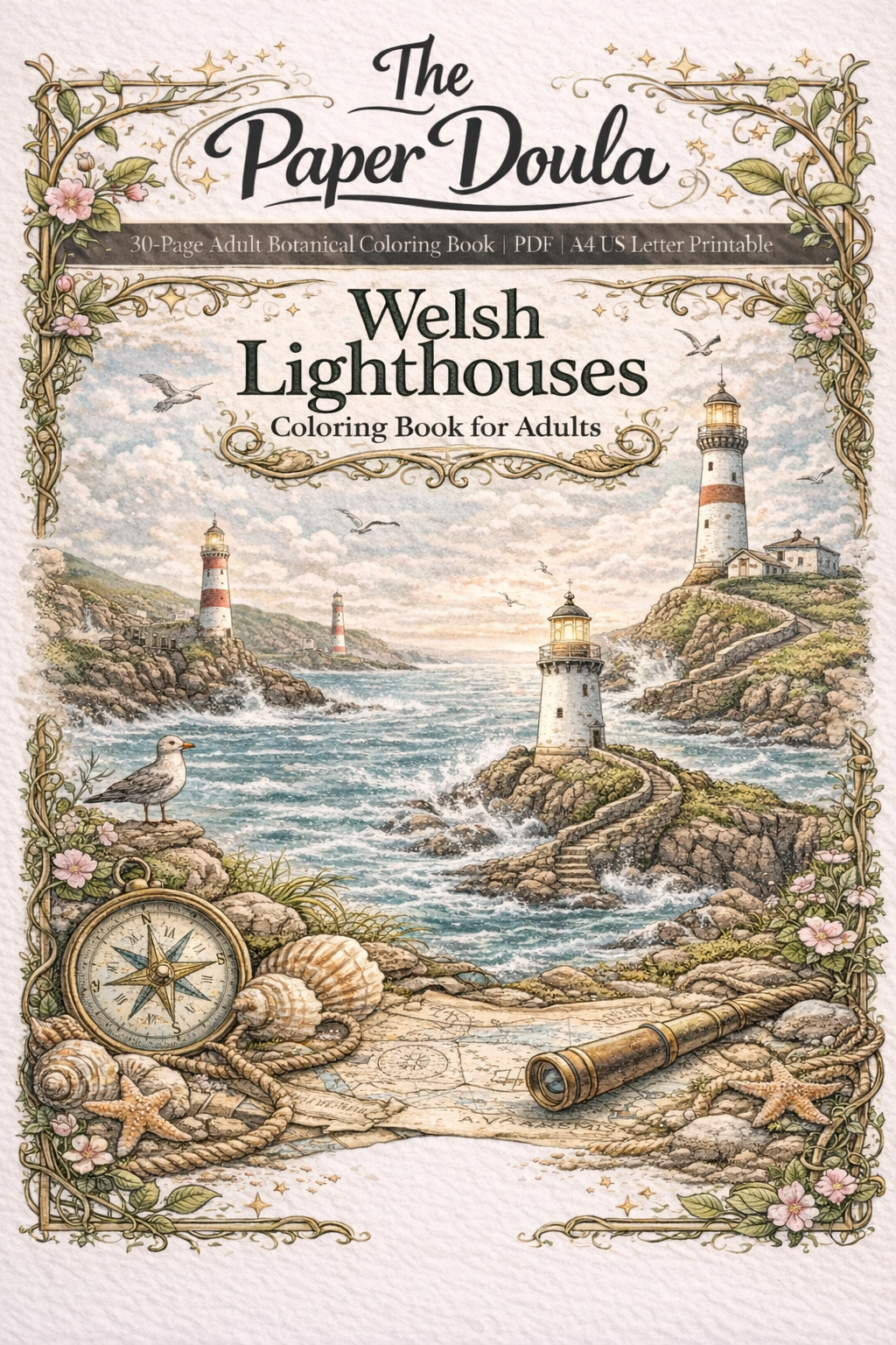Welsh lighthouses coloring book cover featuring illustrated coastal lighthouses of Wales in a detailed vintage style for adult coloring