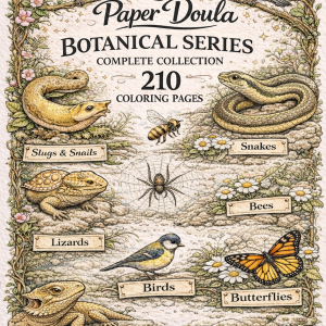 The Botanical Coloring Books Bundle for adults – 7 nature-themed books with 30 realistic coloring pages each, featuring bees, birds, butterflies, lizards, snakes, spiders, and slugs & snails for stress relief, mindfulness, and relaxation.