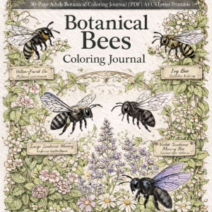 Botanical bee coloring journal with 62 pages of realistic bee illustrations and reflective note pages for mindfulness, stress relief, and self-care.