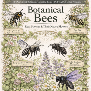 30-page PDF adult bees coloring Book featuring botanical and bee illustrations for mindfulness, stress relief, and creative relaxation.