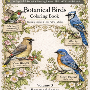 30-page birds coloring book PDF for adults featuring detailed printable bird illustrations for mindfulness and stress relief.