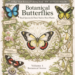 30-page butterflies coloring book PDF for adults featuring detailed printable butterfly designs for mindfulness, stress relief, and relaxation.