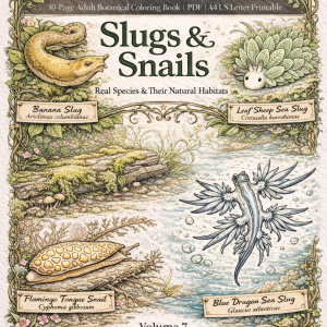 Slugs and Snails Coloring Book cover showing playful cartoon snails and slugs in whimsical scenes for kids and adults