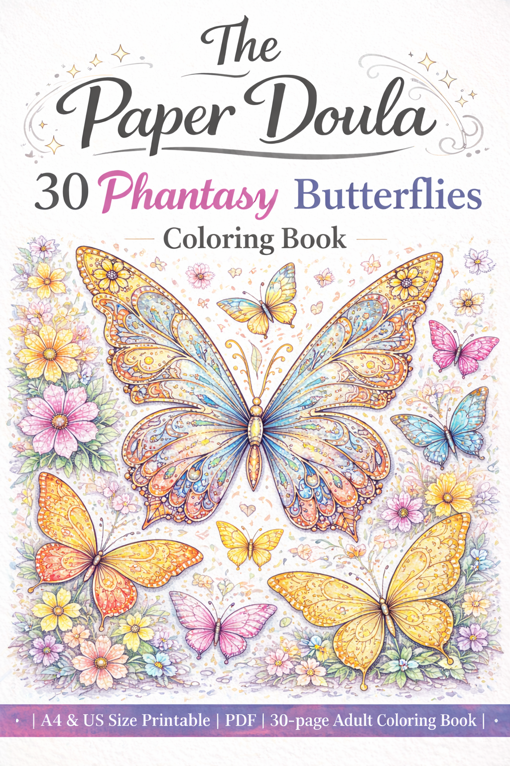 Phantasy butterflies coloring book cover with 30 intricate adult coloring pages for relaxation and stress relief